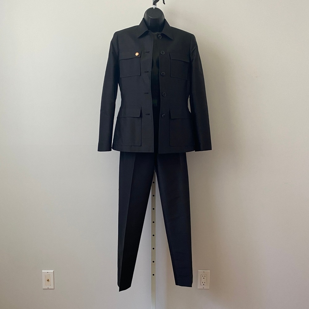 Oscar de la Renta 4 Black 100% Silk Pant Suit Safari Jacket Trousers Vintage Set